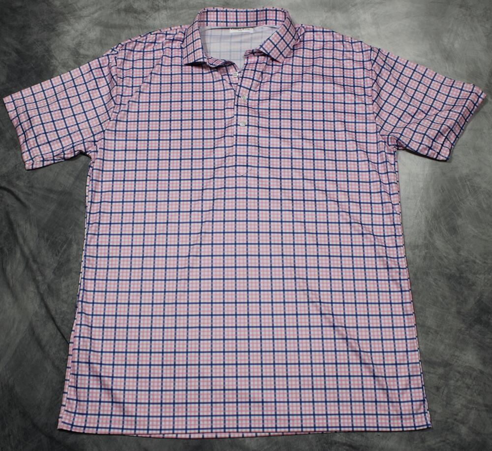 Collars & Co. Polo Shirt Mens Large Pink Blue Check Short Sleeve Jersey Casual
